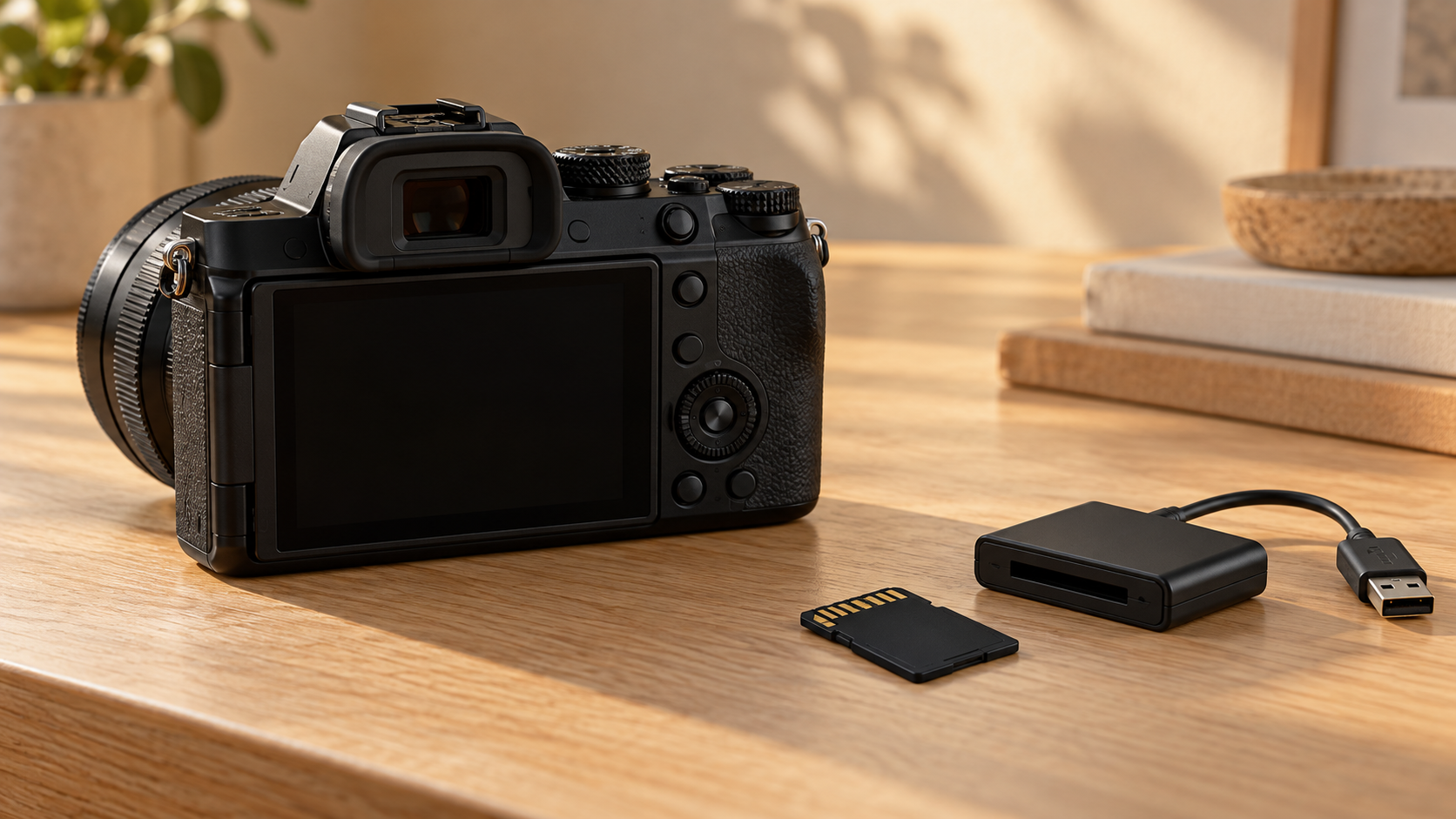Canon EOS C50 1.0.6.1: Photo Card Recording Fix 3 Conceptual unbranded camera with its screen off, memory card and card reader on a desk