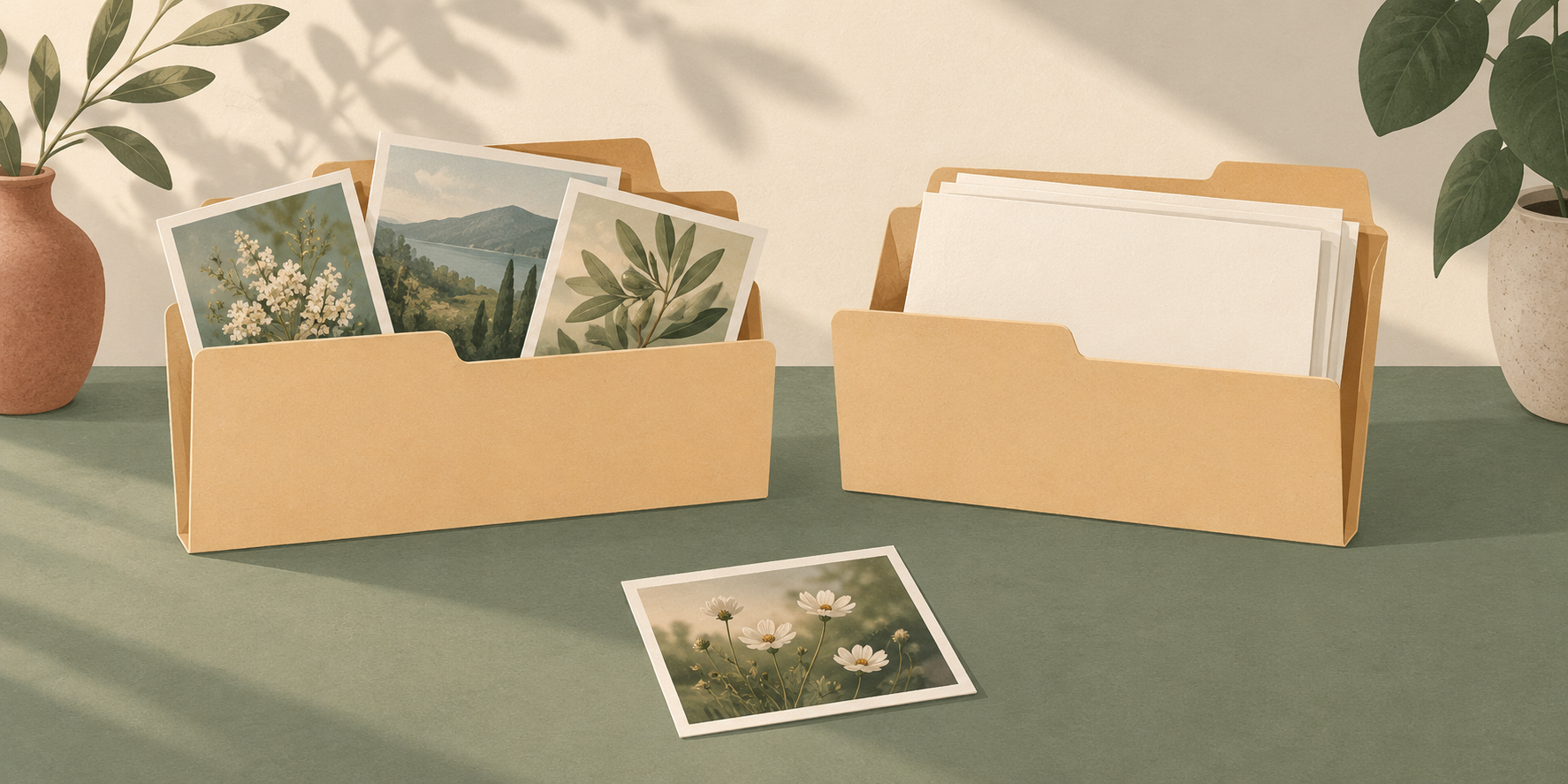 Stop WhatsApp Saving Photos to Your Gallery 4 Editorial illustration of separate folders for photo cards and documents
