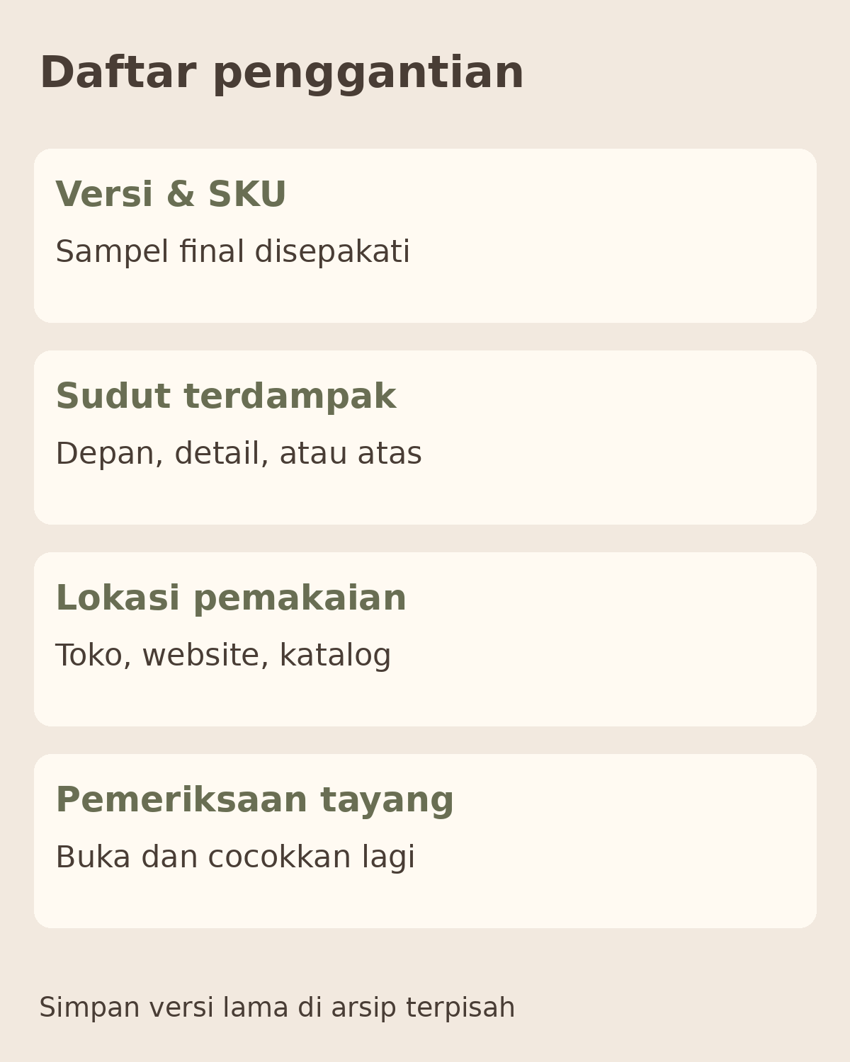 Kemasan Produk Berubah: Foto Mana yang Perlu Dibuat Ulang? 5 Checklist penggantian foto: versi SKU, sudut terdampak, kanal, dan pemeriksaan tayang