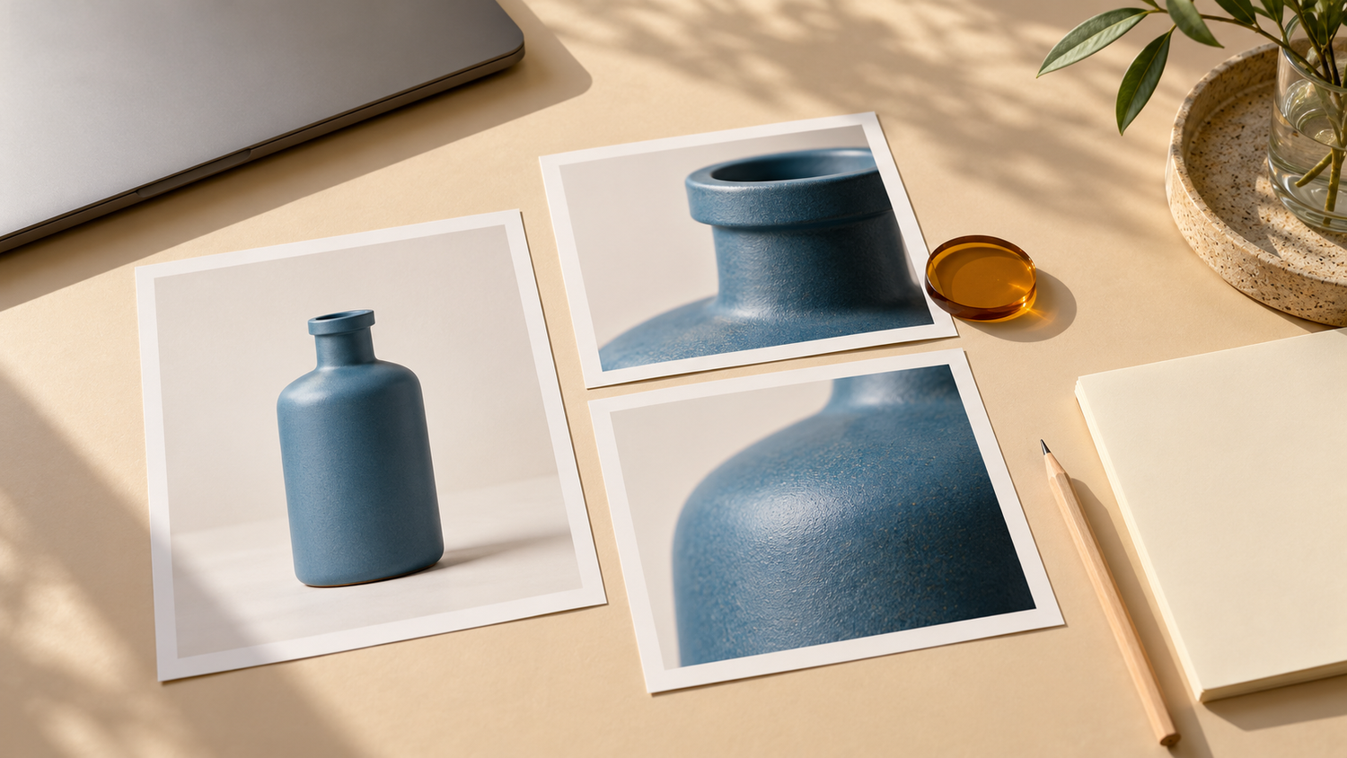 How to Give Photo Revision Feedback: File Names, Areas and Priorities 6 Photo revision feedback concept with blue bottle photo prints and notebook