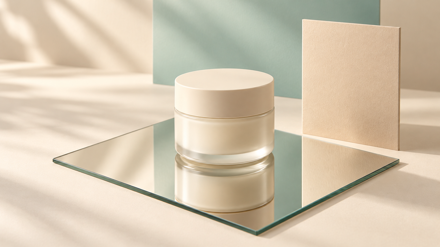 Product Photography Props: Glass, Mirrors and Water 4 Unbranded cream jar and its reflection on a small mirror tile
