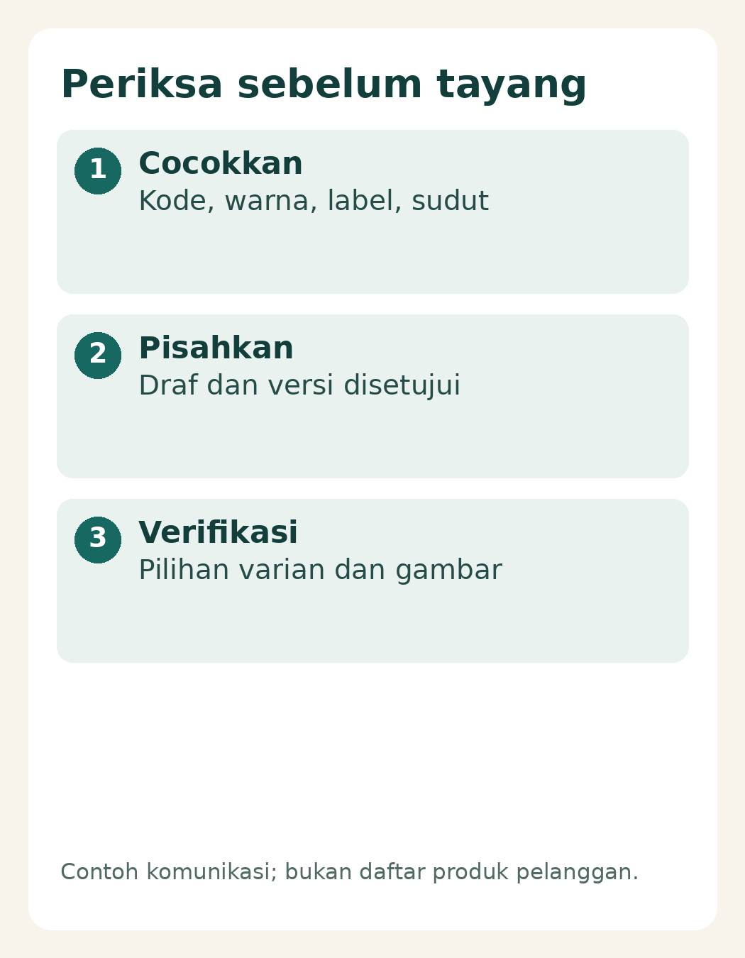 Periksa kode, warna, label dan sudut lalu verifikasi gambar pada pilihan varian