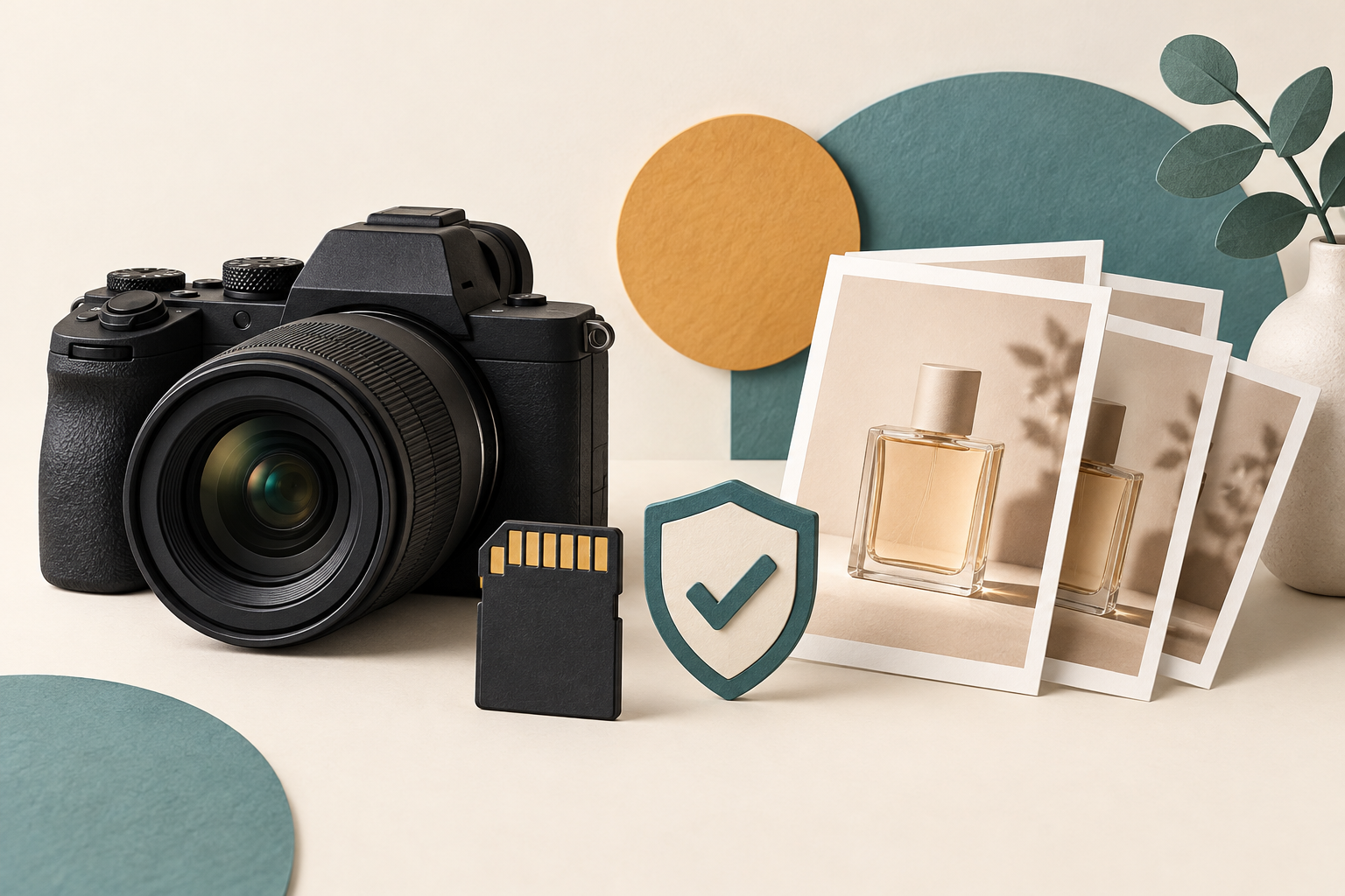 Canon R6 Mark III 1.1.2: Perbaikan Rekam Kartu Memori 1 Ilustrasi konseptual kamera, kartu memori, dan foto produk dengan simbol perlindungan berkas