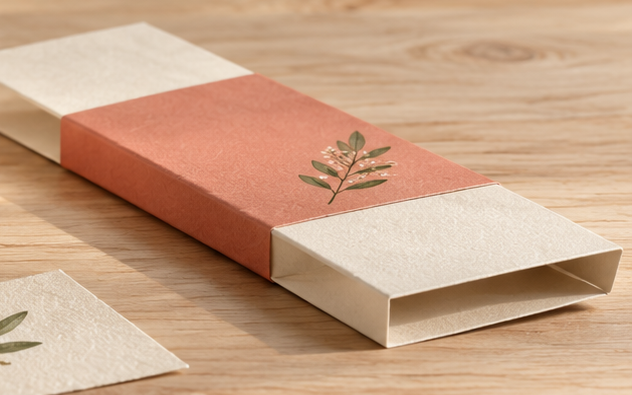 Paper sleeve opening, folded edges and coral band in the same fictional packaging concept