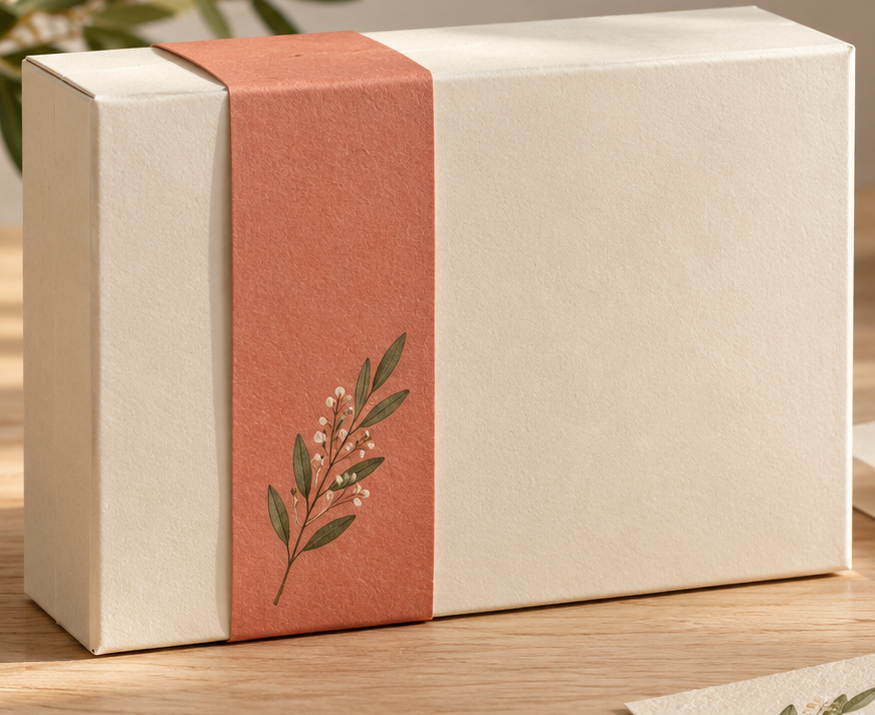 Close detail of a cream carton with a restrained coral botanical band and open blank front