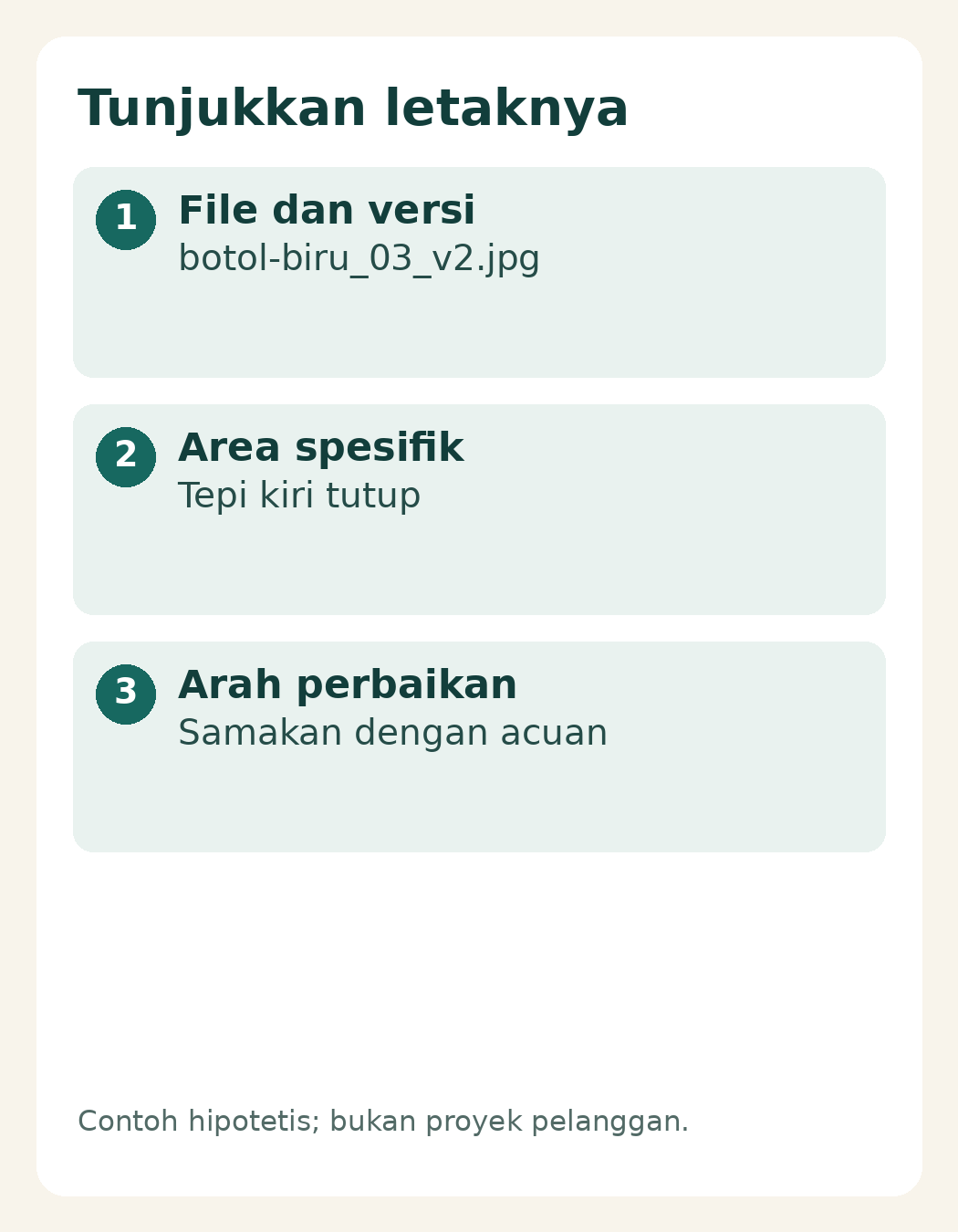 Cara Memberi Feedback Revisi Foto: Nomor File, Area, dan Prioritas 3 Nama file, tepi kiri tutup, dan arahan samakan dengan acuan
