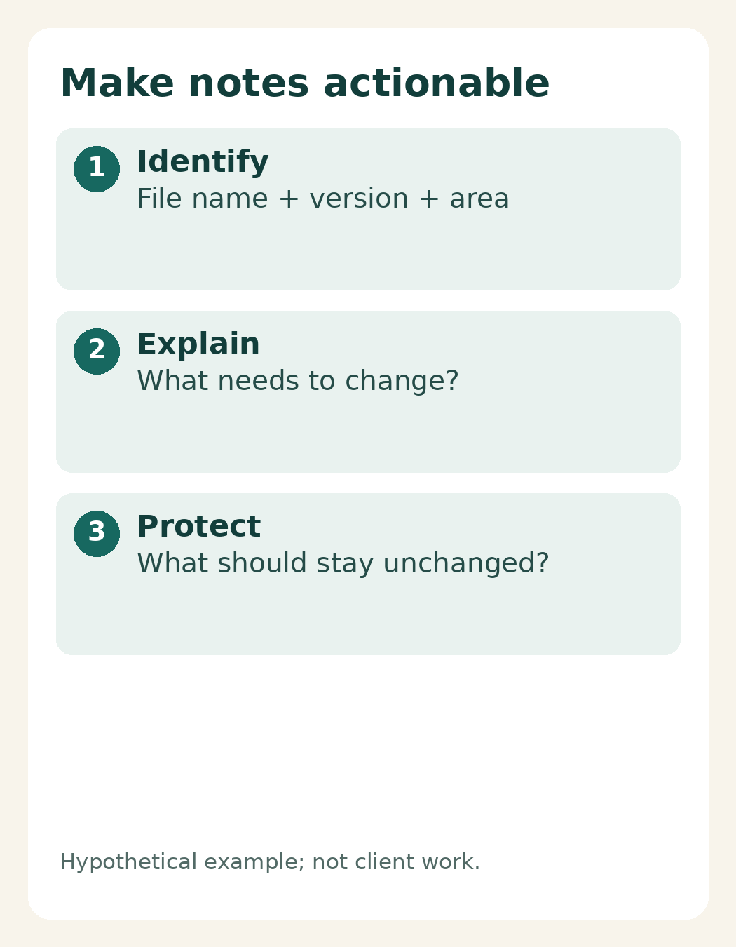 Revision notes identify the file, explain the goal and protect approved details
