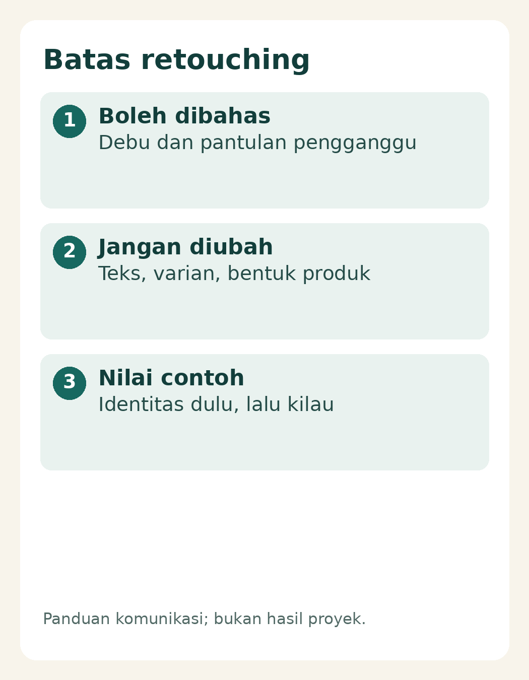 Kemasan Mengkilap: Sepakati Label dan Pantulan Sebelum Foto Produk 5 Bahas debu serta pantulan, pertahankan teks dan bentuk produk, lalu periksa contoh foto