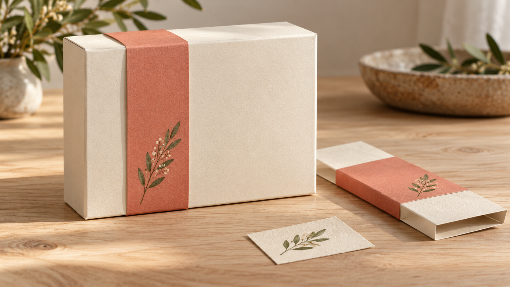 Holiday Packaging Design: Keep It Simple 8 Holiday packaging design concept with a cream gift carton, coral band and small botanical motif