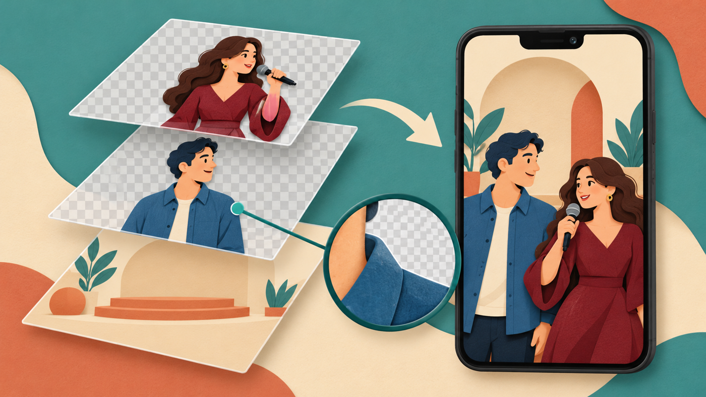 Illustrated image layers combining a fictional fan, a performer and a stage background on a phone