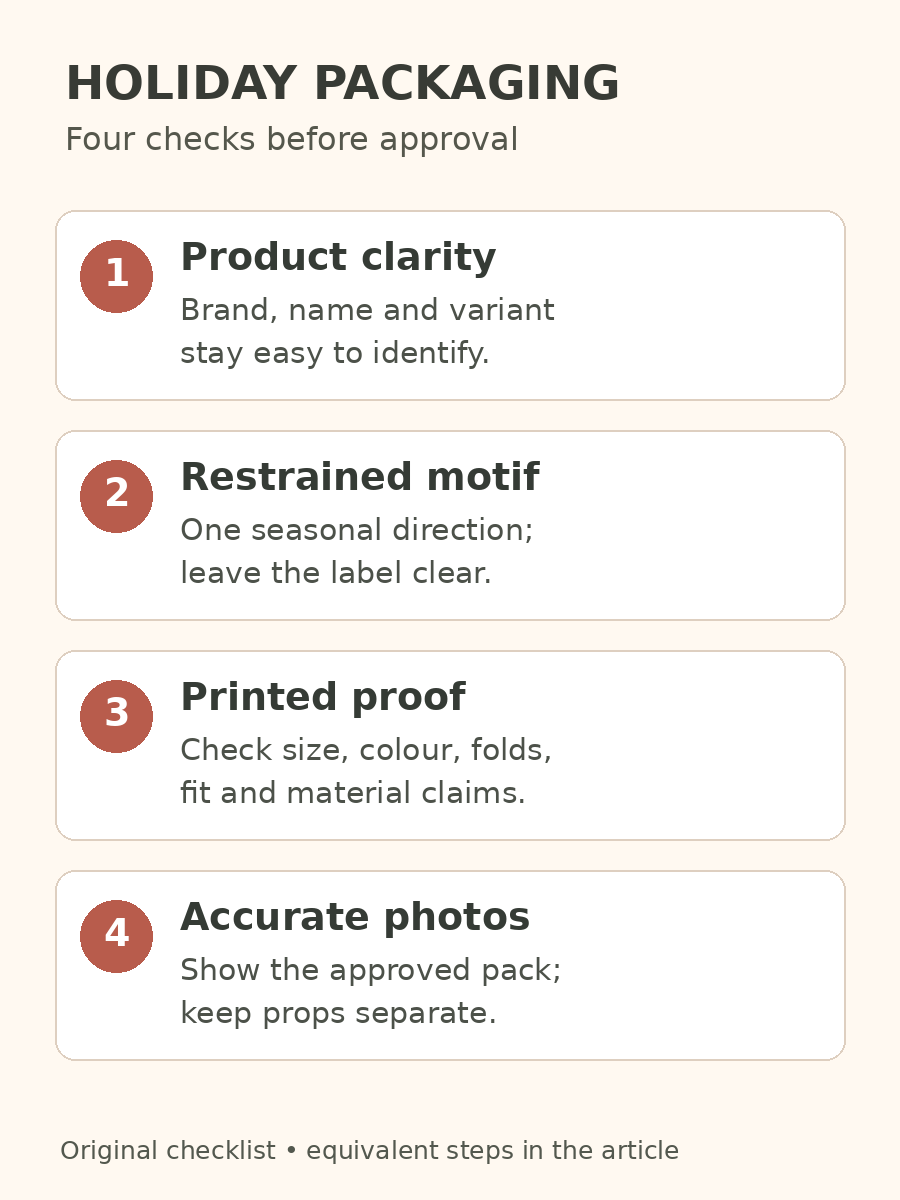 Four holiday packaging checks: product clarity, restrained motif, printed proof and accurate photos