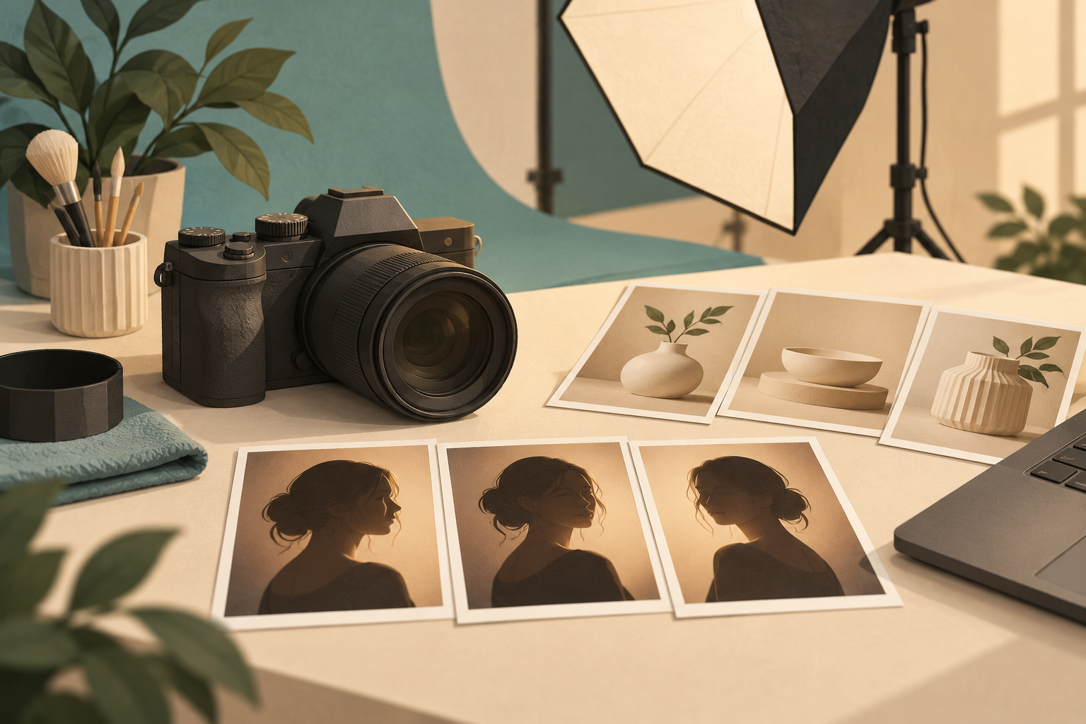 Nikon Z6III Firmware 2.01: Eksposur Burst dan Flash 1 Ilustrasi konseptual kamera studio, foto produk keramik, dan siluet portrait