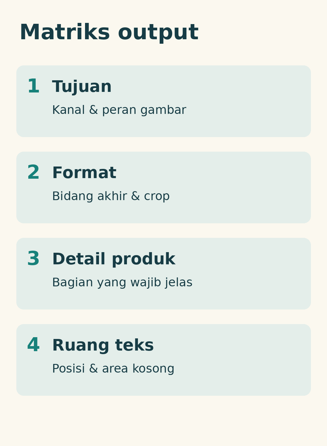 Matriks tujuan, format, detail produk dan ruang teks