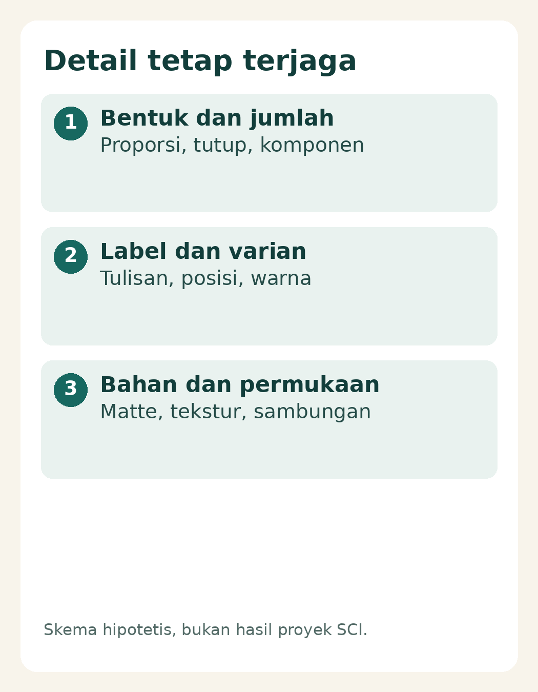 Hybrid Workflow Foto Produk: Sepakati Set dan Detail yang Dipertahankan 4 Daftar bentuk, label, warna, dan bahan yang perlu dipertahankan