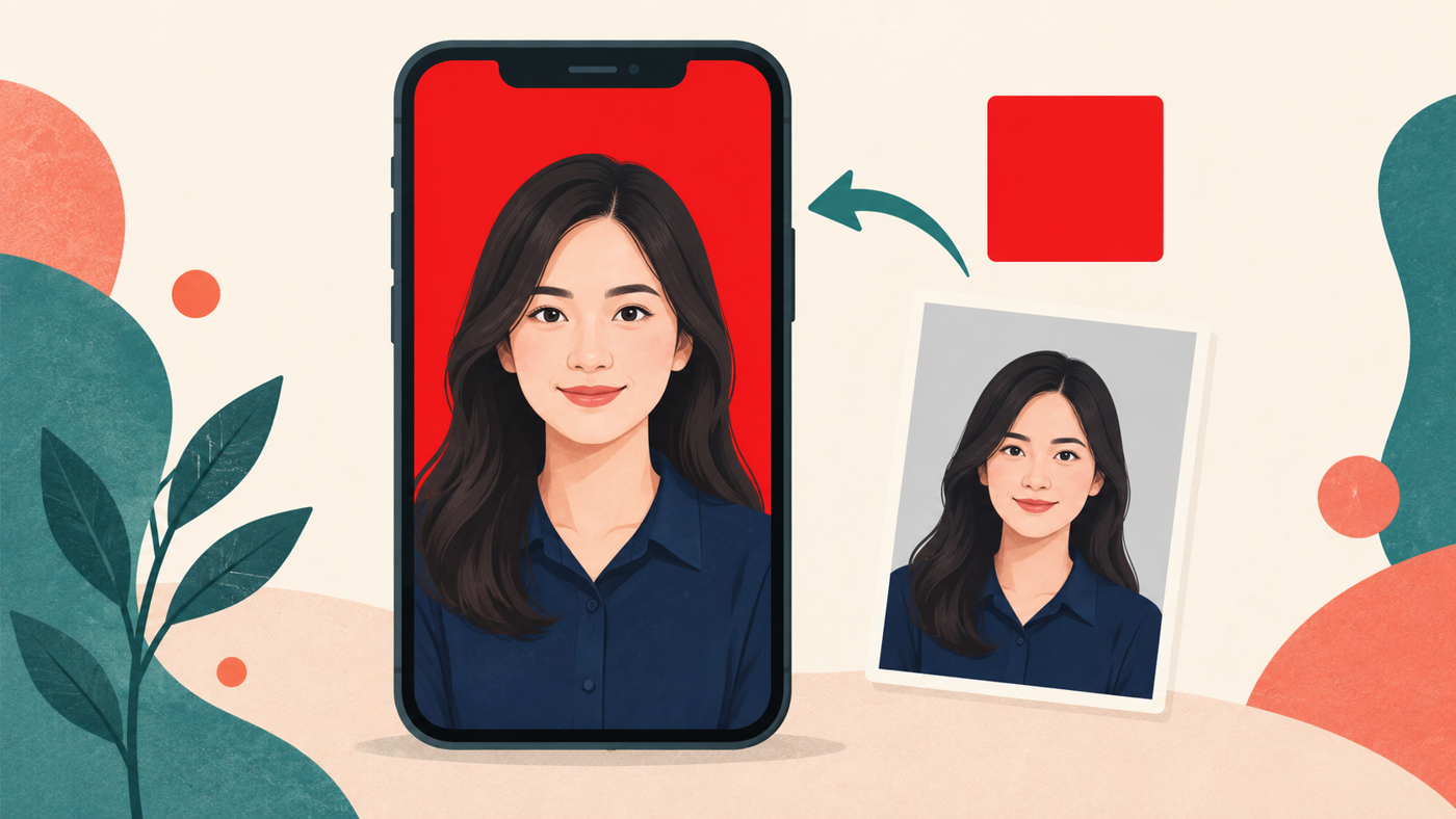 Red photo background concept on a phone beside a fictional portrait and red swatch