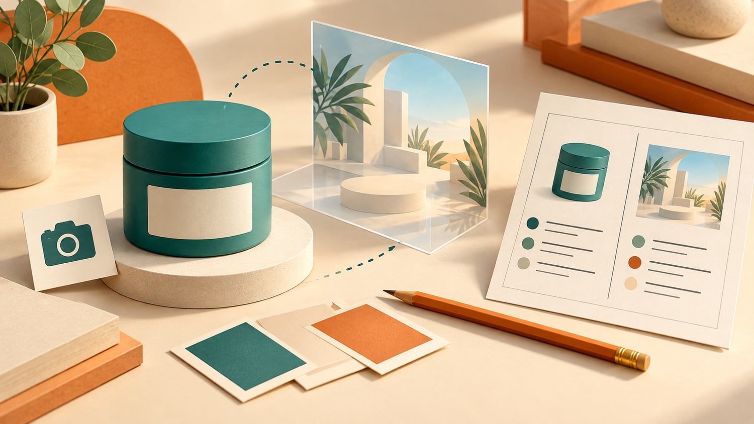 Ilustrasi konsep hybrid workflow foto produk: stoples generik dan rencana latar terpisah
