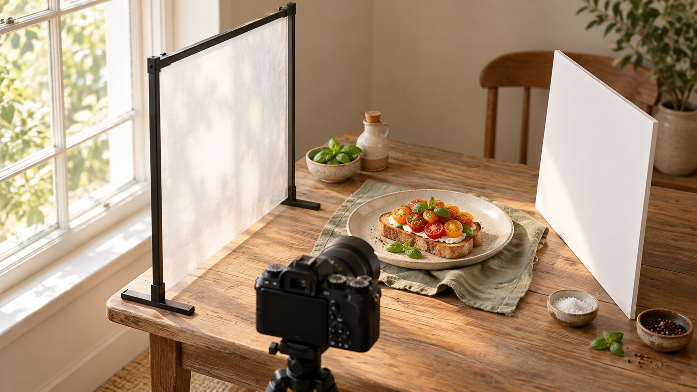 Natural Light Food Photography: A Practical Client Guide 3 Window-light concept with a translucent diffuser left of a plate and a white bounce card on the right