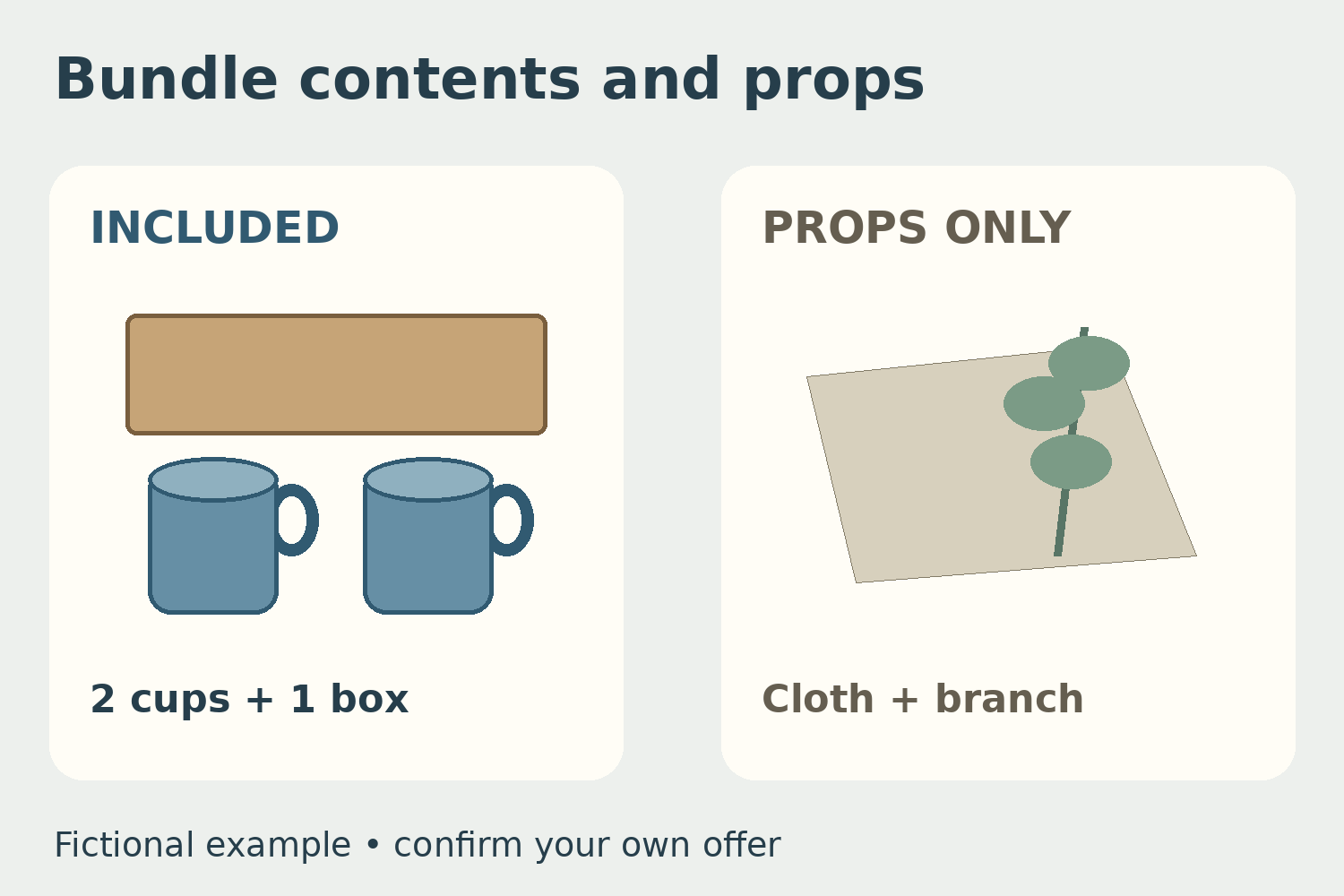 Product Bundle Photos: Separate Included Items from Styling Props 4 Illustration separates included cups and box from cloth and branch that are not included