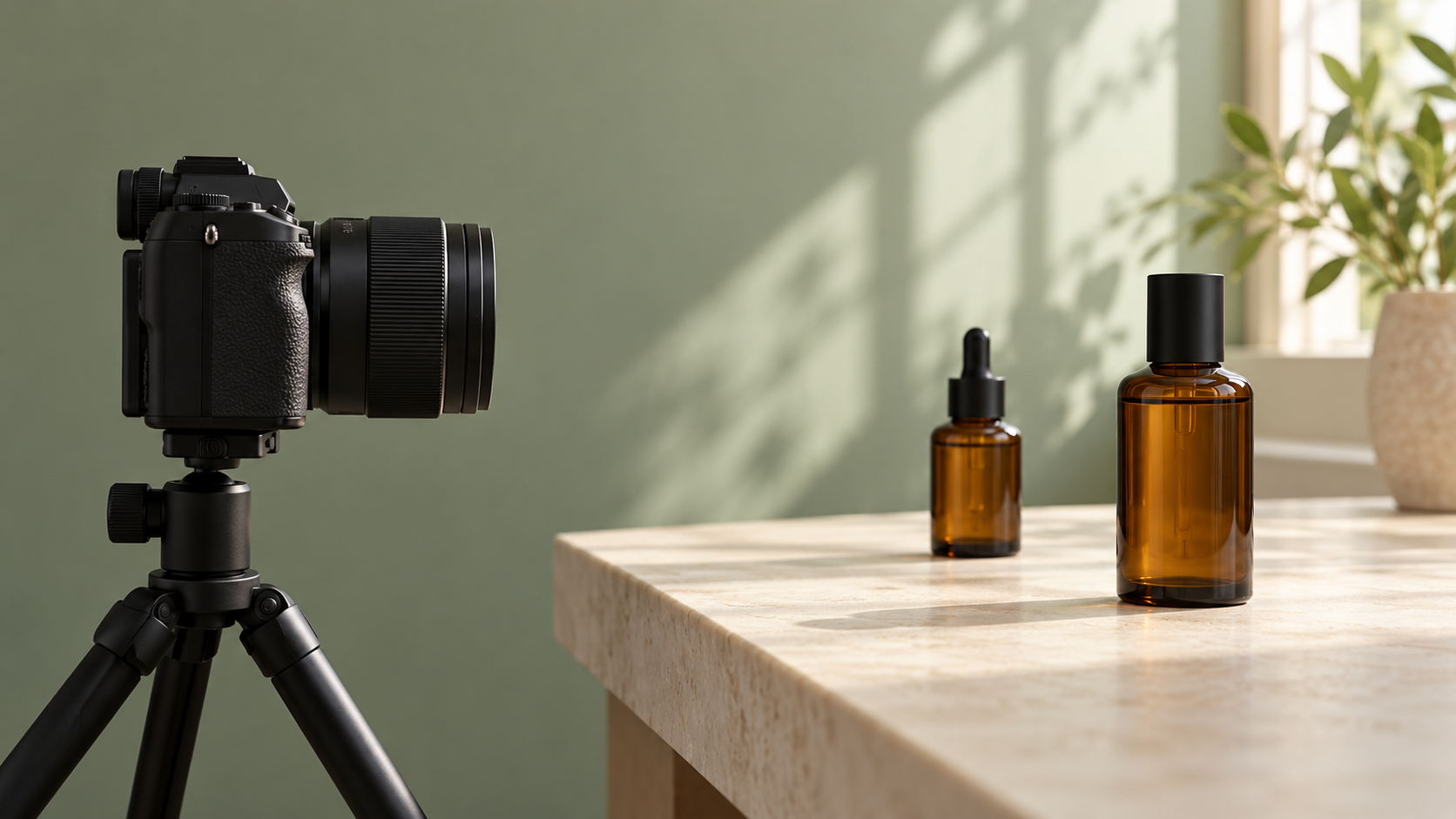 Sony ILCE-7RM6 1.02: Preset Focus dan Batas Lensa 1 Konsep kamera generik pada tripod mengarah ke dua botol tanpa label di meja