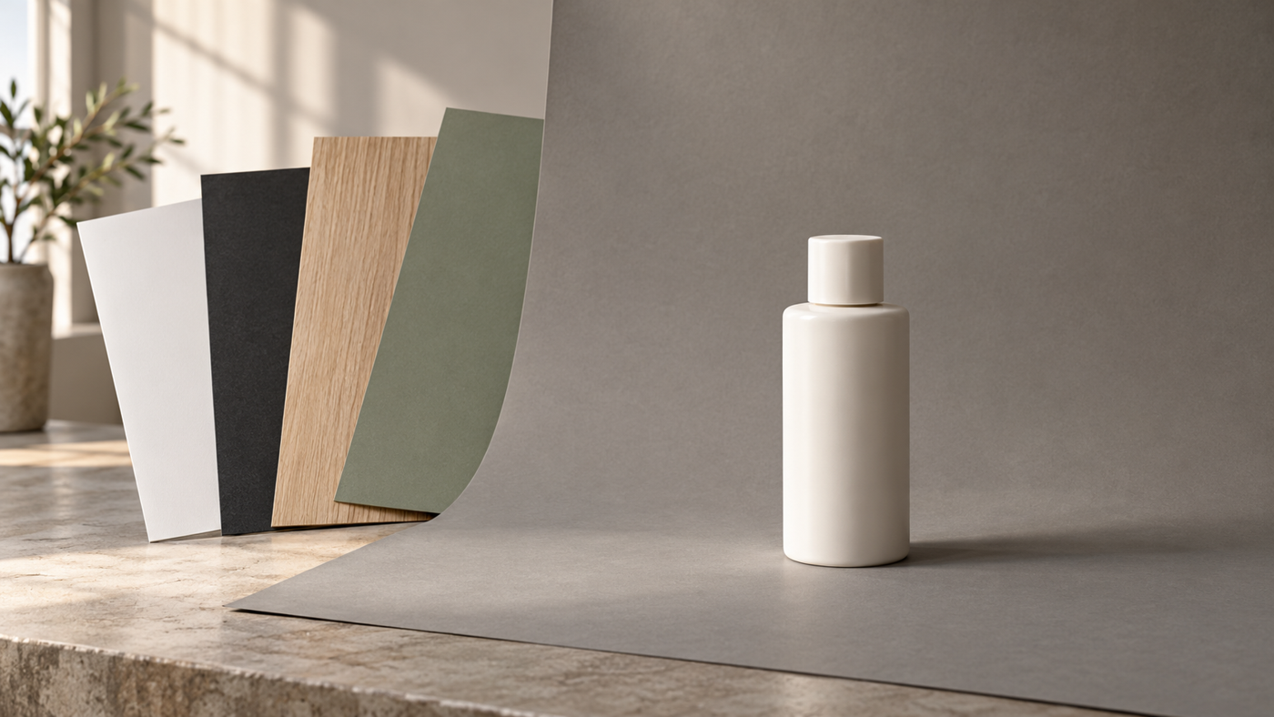 Product Photography Backgrounds: A Practical Guide 10 Product photography backgrounds concept with an ivory bottle and white, dark, wood and sage sample boards