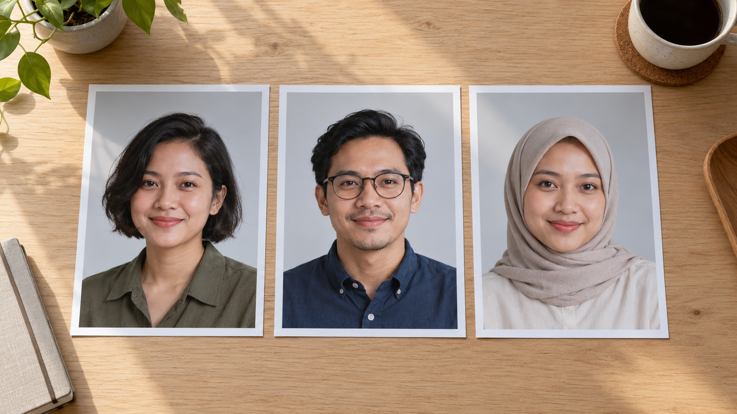 Team profile photos for a website illustrated by three fictional portrait cards with consistent framing