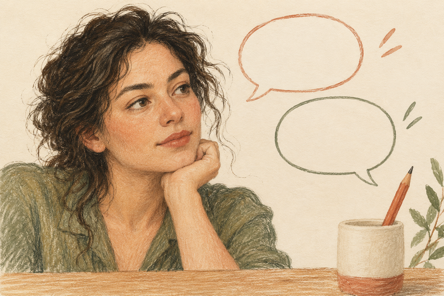 Ilustrasi portrait dewasa dengan rambut bergelombang dan dua balon percakapan kosong