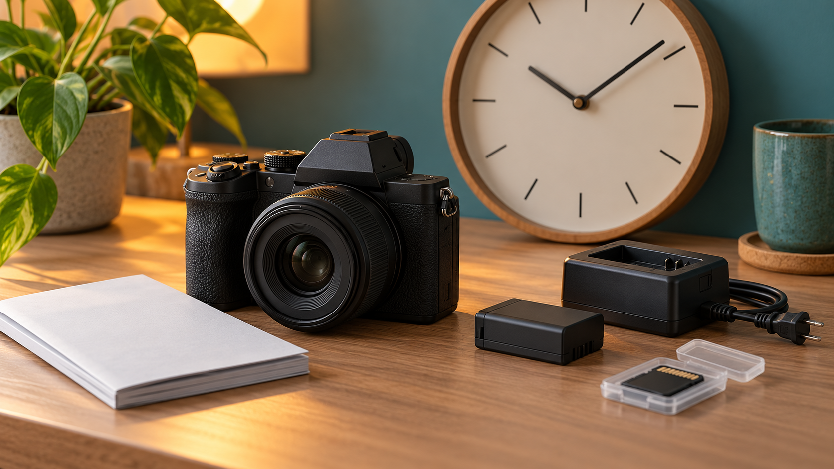 Conceptual camera, instruction booklet, battery, memory card and preparation clock