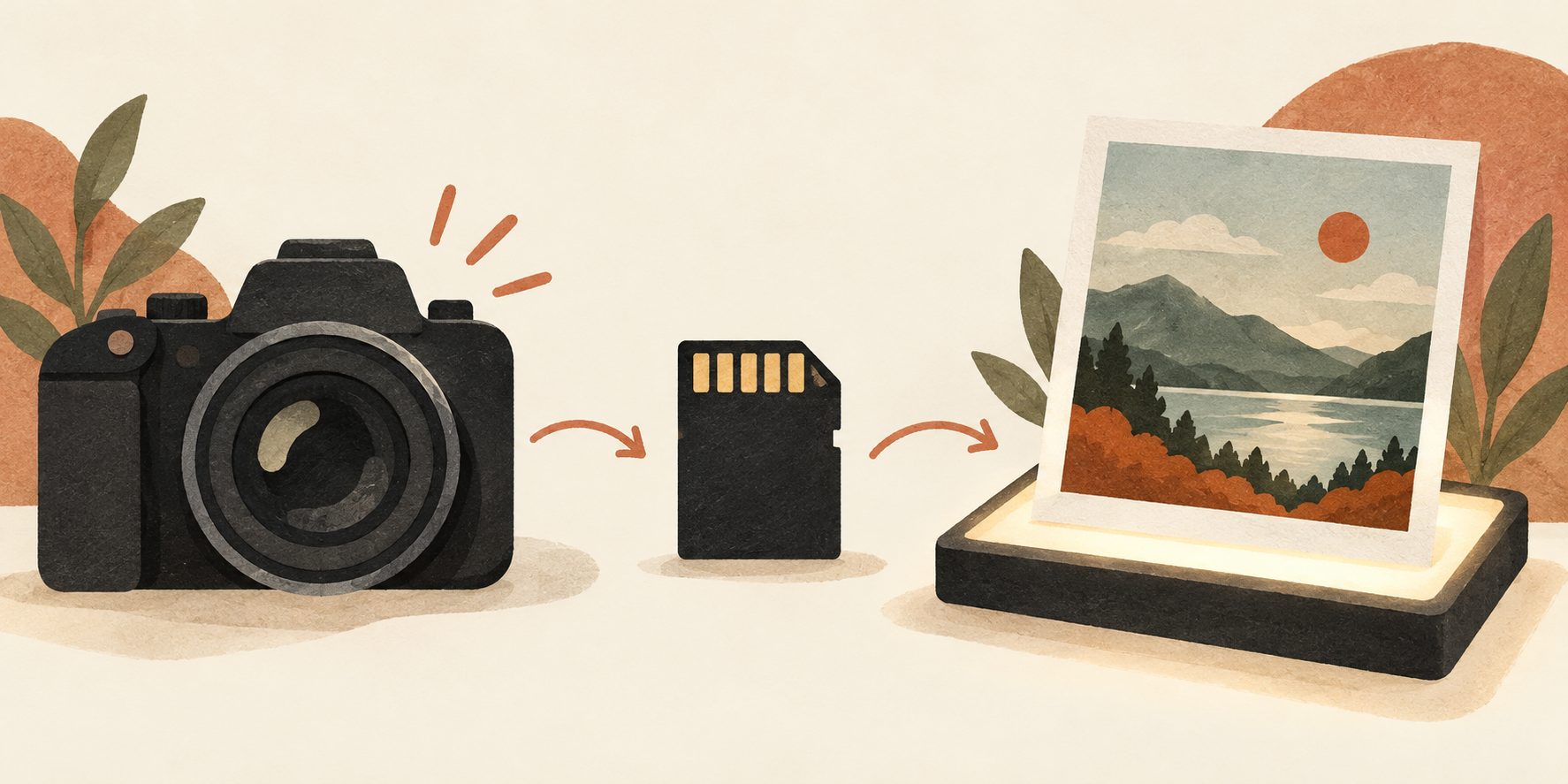 Editorial illustration of a camera, memory card and photograph on a lightbox