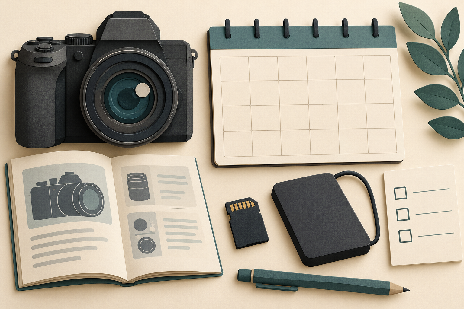 Nikon Z6III Firmware 2.01: Eksposur Burst dan Flash 5 Ilustrasi konseptual kamera, kalender kosong, panduan, kartu memori, dan penyimpanan