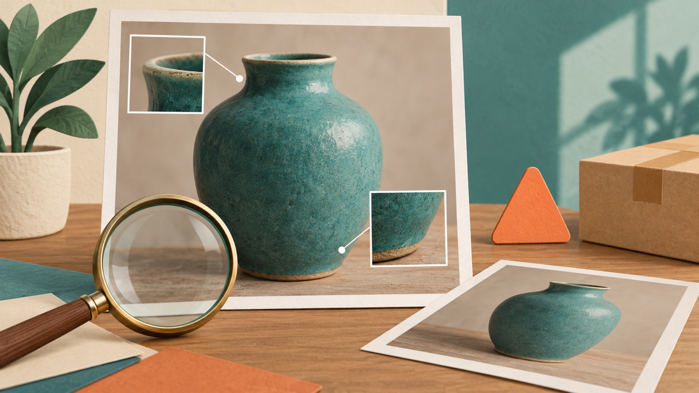 Photo Enlargement: Resize Images with Realistic Expectations 5 Vase image with detail callouts, magnifying glass and a separate paper print