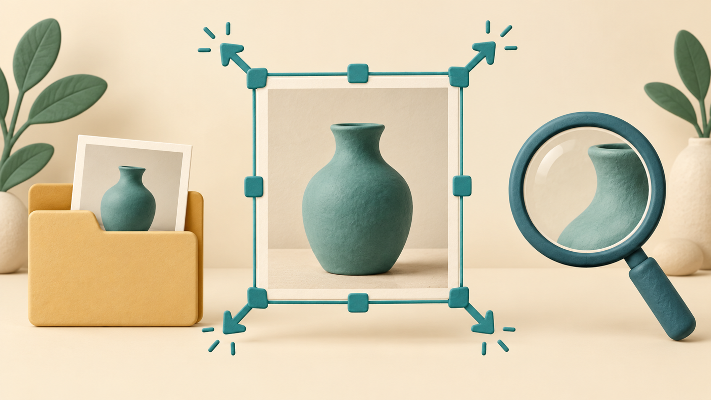 Photo Enlargement: Resize Images with Realistic Expectations 4 Vase image with proportionate resize handles beside a preserved copy and magnifying glass
