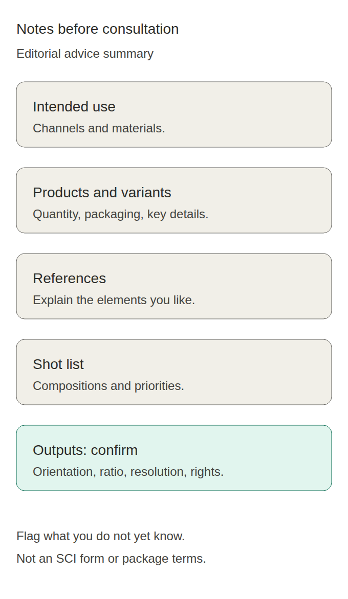 Product Photography Brief: A Checklist Before Contacting SCI 4 Consultation checklist: intended use, products and variants, references, shot list, and outputs to confirm.